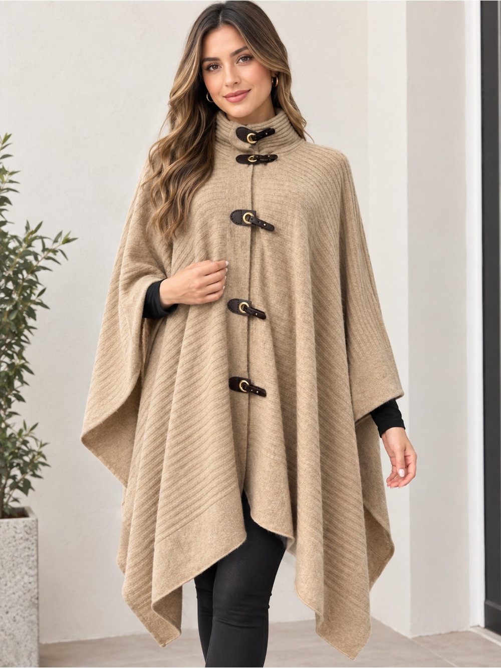 Jones New York Camel Toggle Knit Relaxed Poncho Wool Viscose One Size